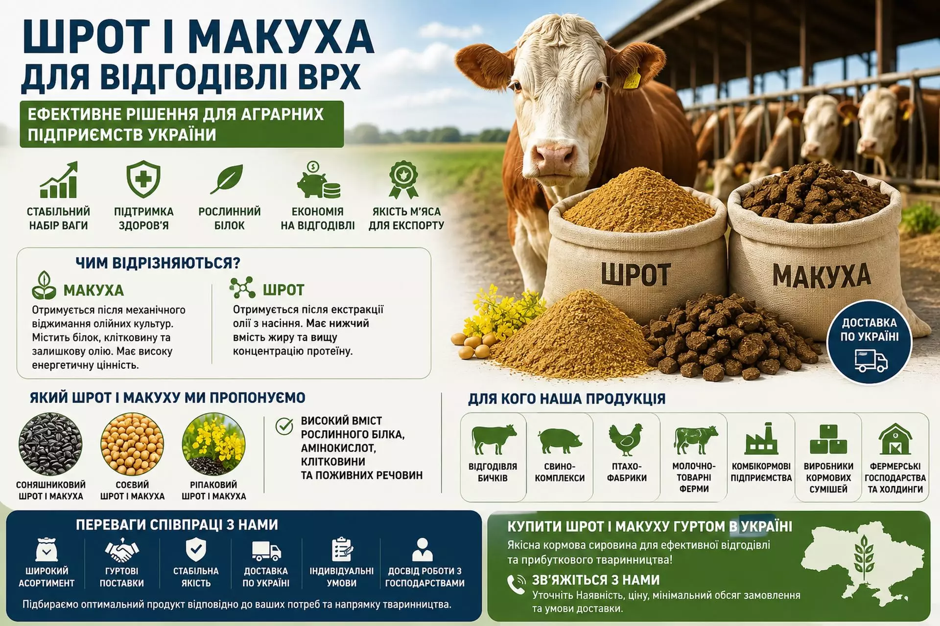 Шрот і макуха для відгодівлі ВРХ: ефективне рішення для аграрних підприємств України